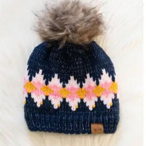 PANACHE Navy, Pink & Mustard Patterned Pom Pom Beanie Hat - Picture 3 of 4